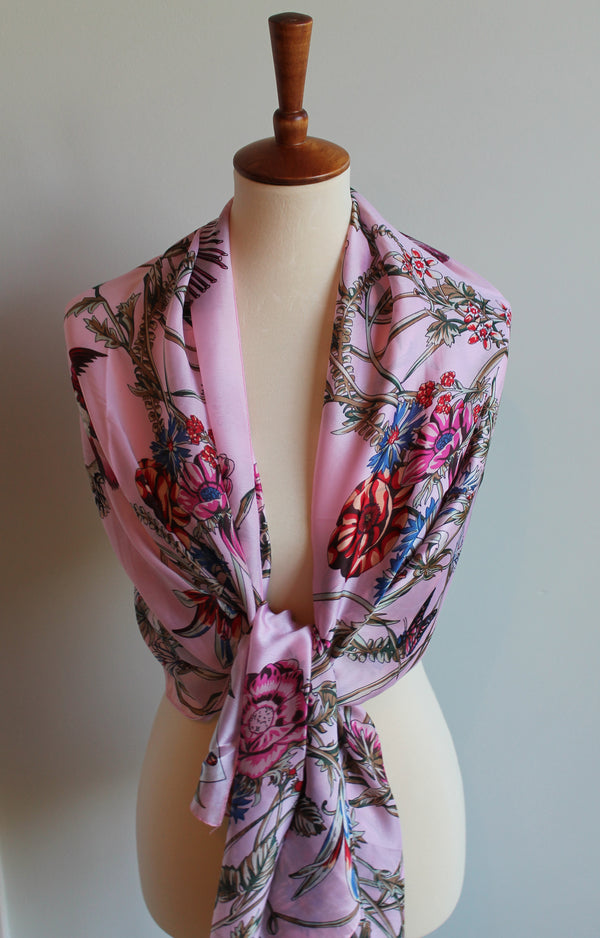 Silk Scarf - Grey, Pink, Black (Chrysanthemums & Cranes)